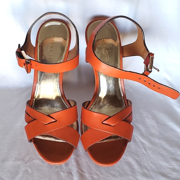EUC Coach Orange Platform High Heels Shoes Sz 7 w/ Strappy Ankle Buckle with Box - Picture 14 of 16